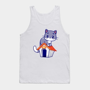 Cute Cat Sitting On Cat Cage Cartoon Tank Top